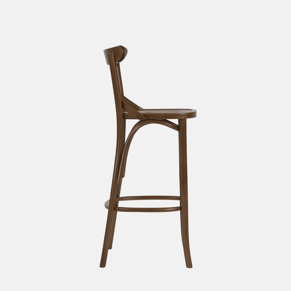 Victoria High Stool – elegant bentwood wooden bar stool with cross-hatch backrest in dark walnut finish, ideal for restaurants, cafés, and hotel interiors.”