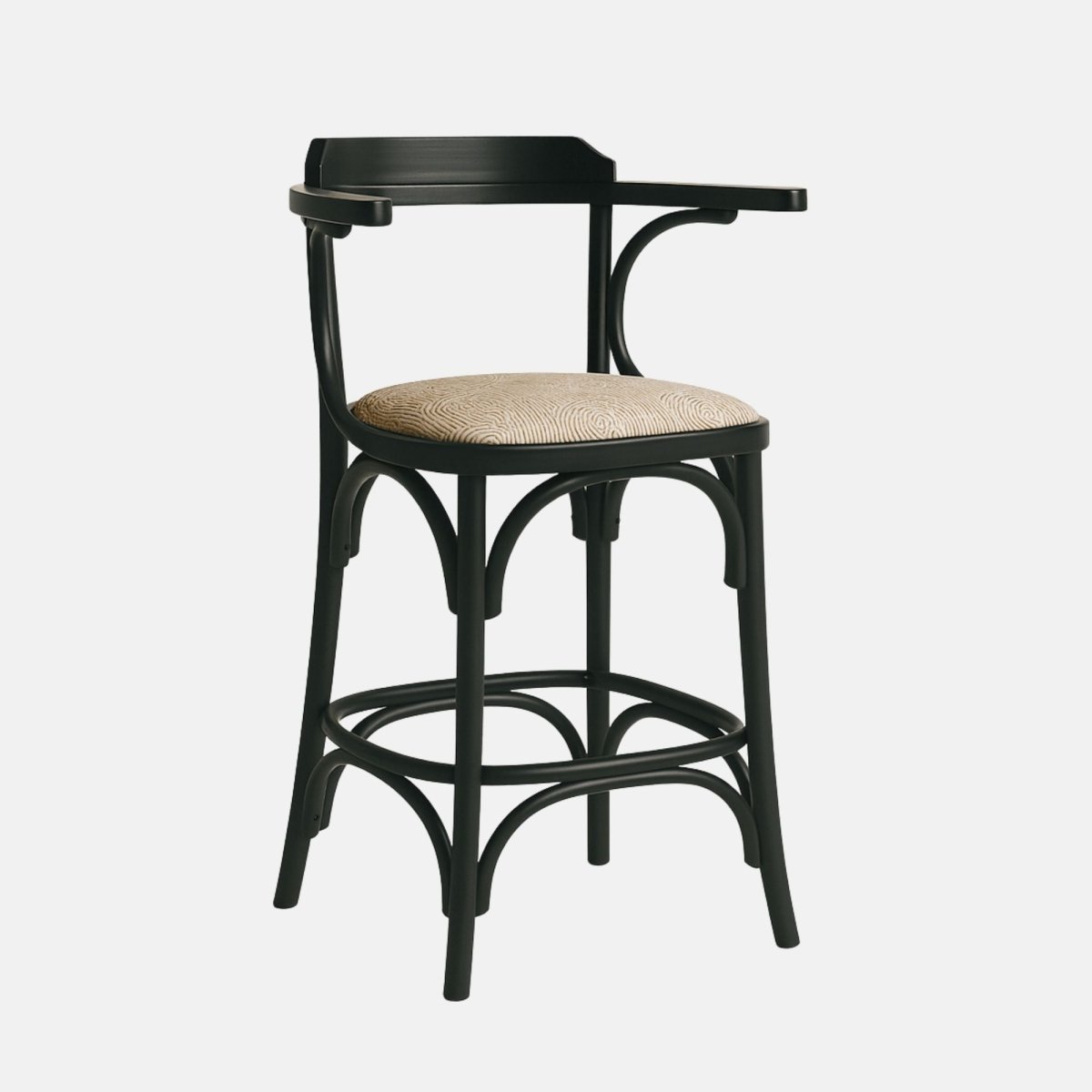 Classic bar stool with black wooden frame, curved arms and backrest, patterned beige upholstered seat, and circular footrest support.