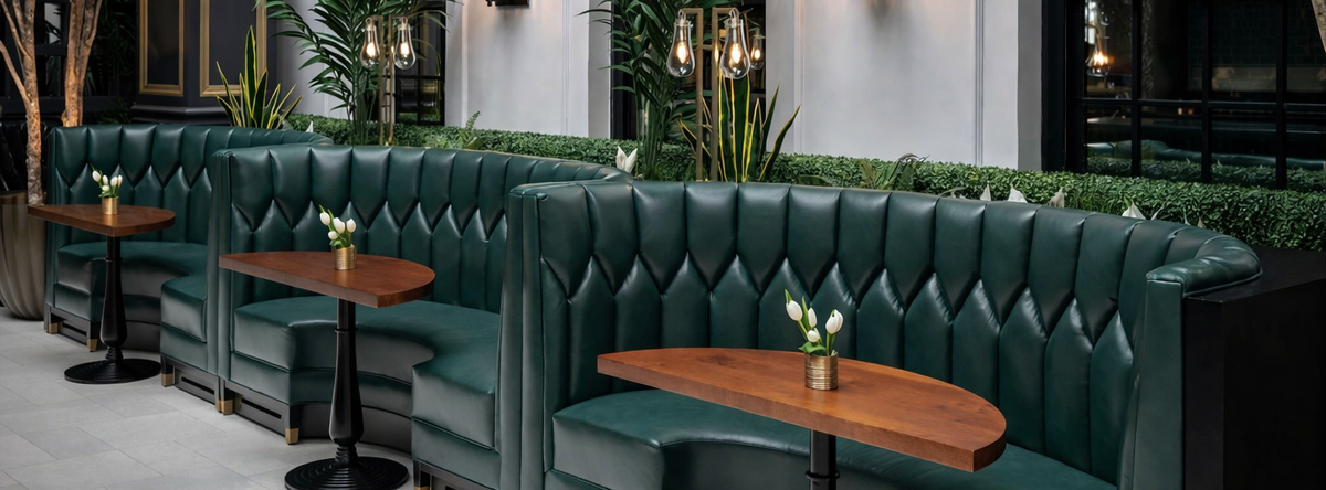 Green leather banquette seating with tufted upholstery and wooden tables in a modern restaurant interior.