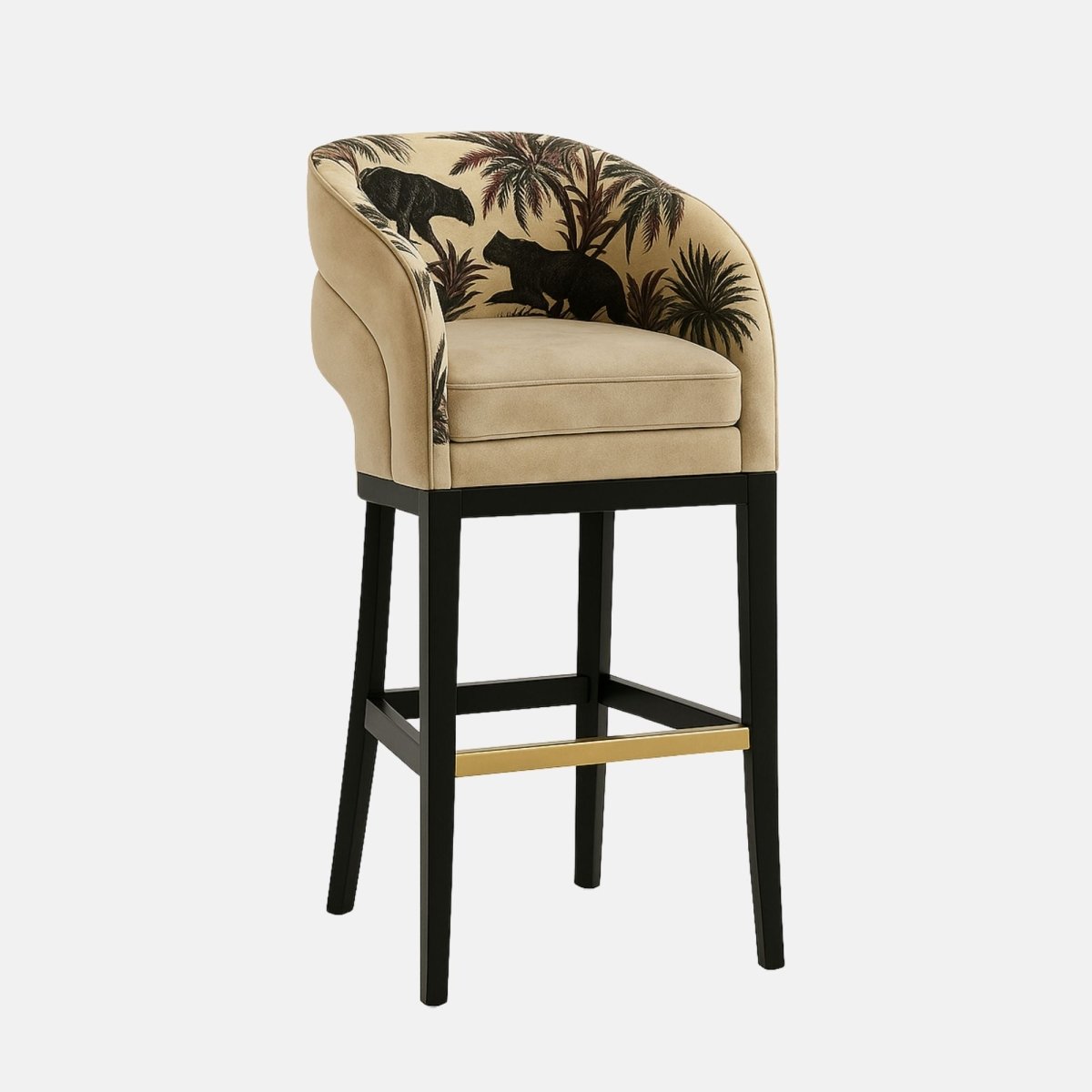 Modern bar stool with a mid-height curved backrest and smooth green leather upholstery. The seat and back feature subtle vertical channel detailing. Supported by a black wooden frame with a brass footrest accent, the design combines elegance and comfort
