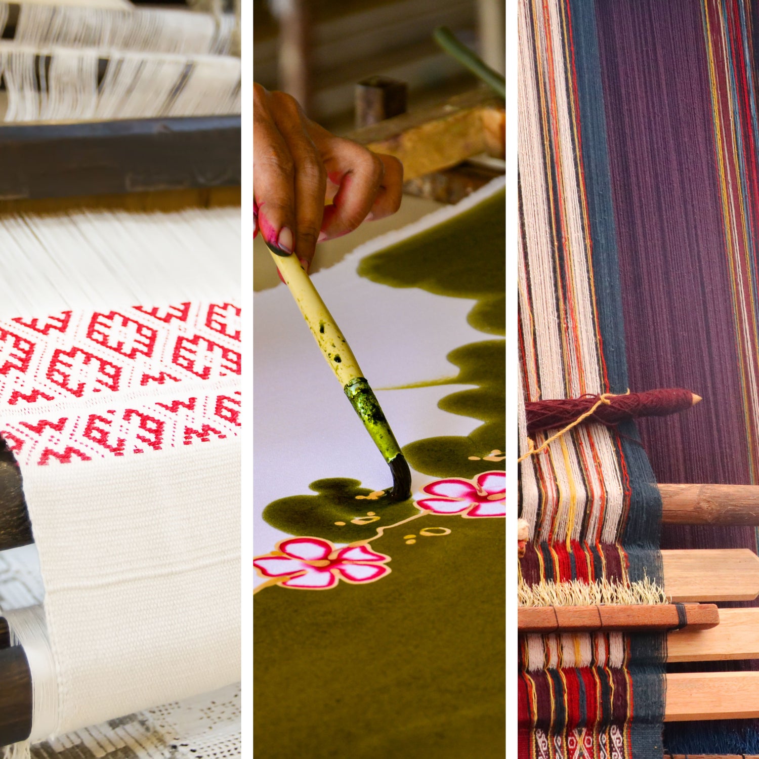 Handcrafted textiles collage showing traditional weaving with red geometric patterns, hand-painted floral fabric, and colourful woven threads on a loom – artisan fabrics for bespoke furniture and handmade chairs.