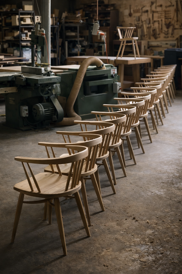 Row of handcrafted wooden chairs in a furniture workshop