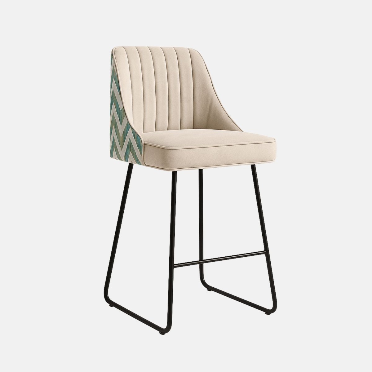 Contemporary bar chair with beige cushioned seat and backrest, vertical stitched design, slim black metal sled legs, and green chevron fabric on the chair’s sides and back.