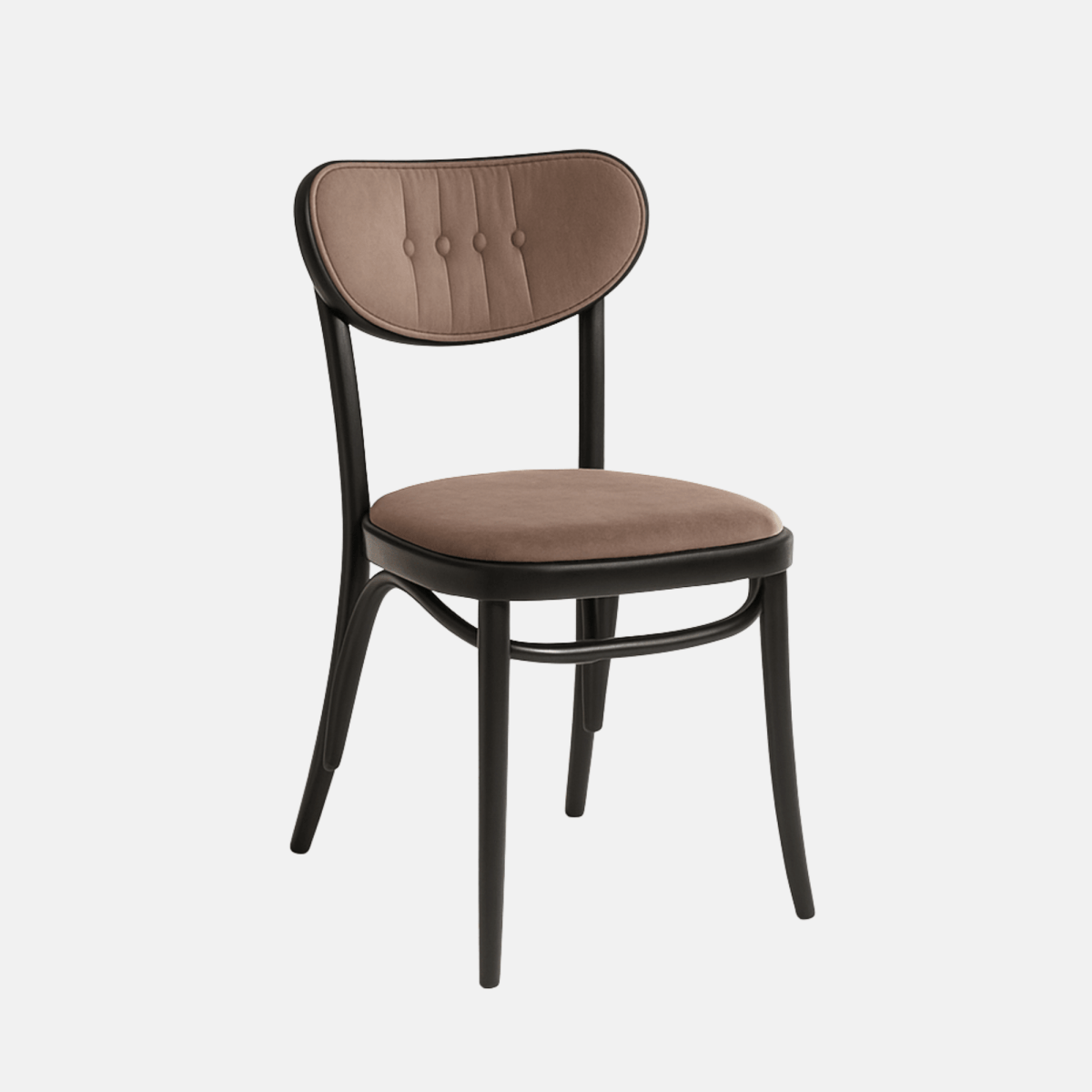 A side view of a modern chair with a black wooden frame and brown upholstered seat and backrest, set against a light beige background. The chair features gently curved legs and a sleek, minimalist design.

