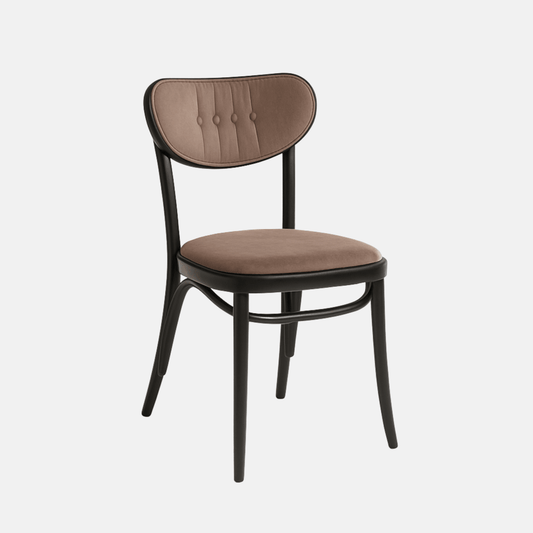 A side view of a modern chair with a black wooden frame and brown upholstered seat and backrest, set against a light beige background. The chair features gently curved legs and a sleek, minimalist design.
