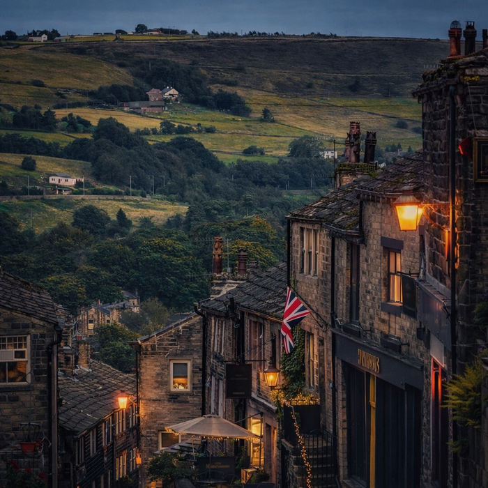 Stone houses and pub with Union Jack flag overlooking rolling countryside hills in an English village at dusk