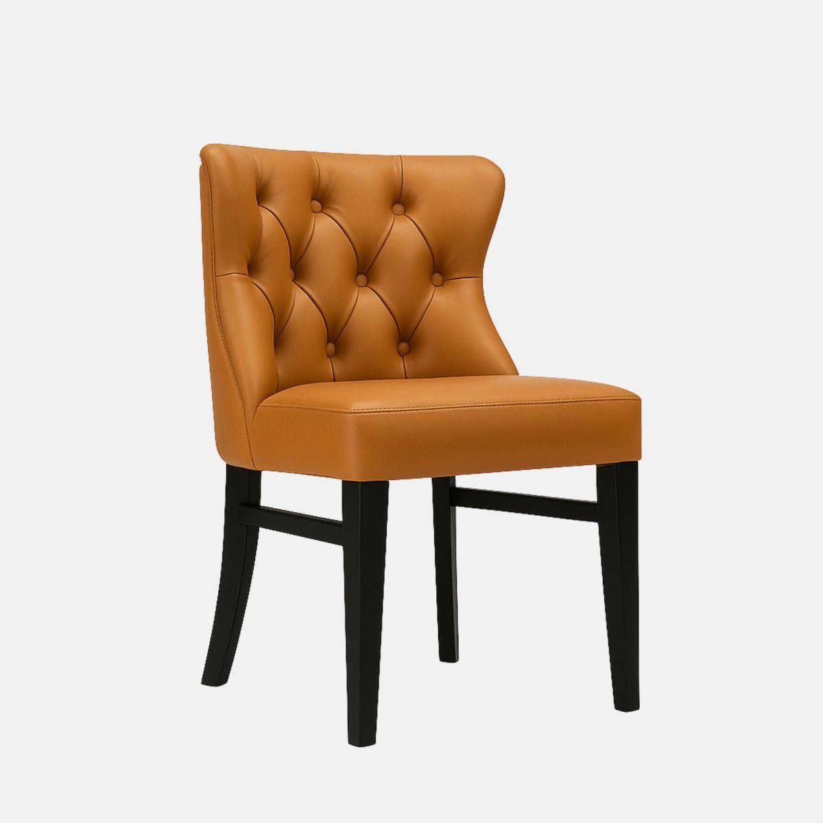 Honoré Dining Chair in tan leather with deep button-tufted Chesterfield backrest and solid black wood legs – handmade luxury seating