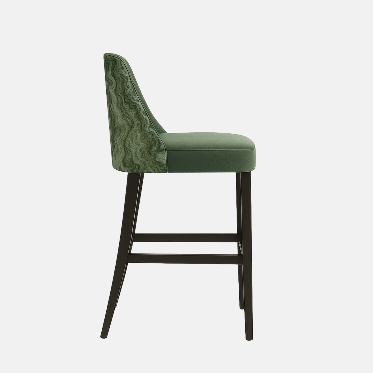A modern barstool with a green marble-patterned fabric backrest and a plush sage green velvet seat, supported by sleek dark wooden legs with crossbars, viewed from the side against a light beige background.
