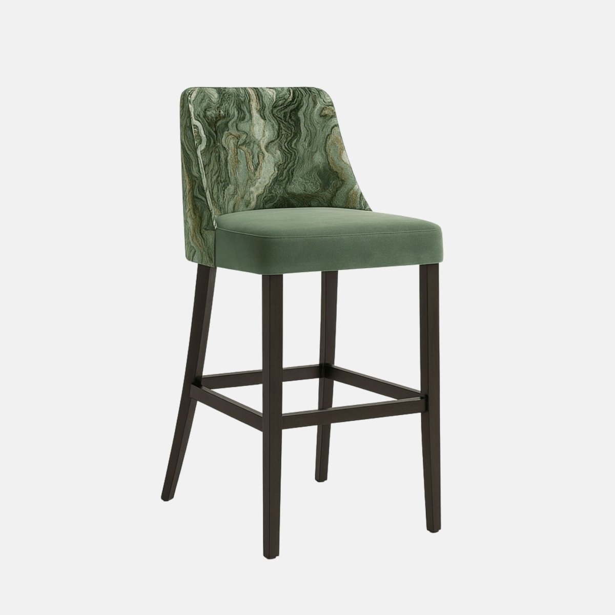 A modern barstool with a green marble-patterned fabric backrest and a plush sage green velvet seat, supported by sleek dark wooden legs with crossbars, viewed from the side against a light beige background.
