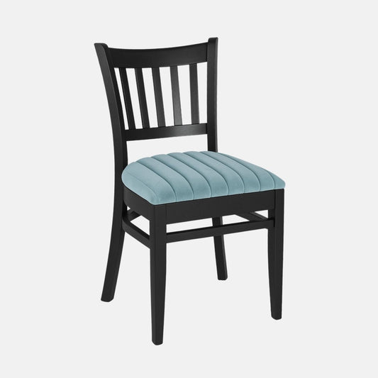 Black wooden dining chair with a slatted backrest and a light blue, vertically channeled upholstered seat, shown on a plain white background.
