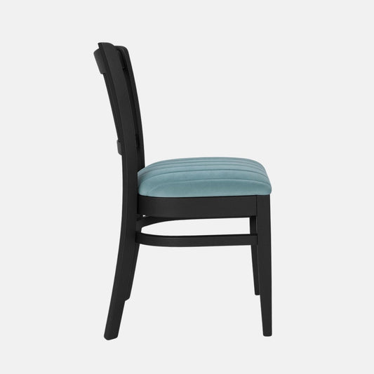 Black wooden dining chair with a slatted backrest and a light blue, vertically channeled upholstered seat, shown on a plain white background.