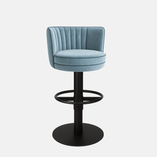 Light blue velvet 360° swivel bar stool with vertical channeled upholstery and black powder-coated base — bespoke made-to-order counter stool for modern kitchens and bars.