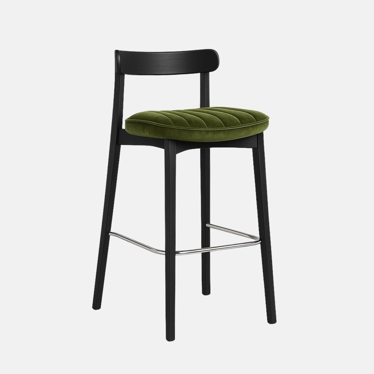 Contemporary bar stool with a black wooden frame, curved backrest, and olive green velvet seat featuring horizontal channel stitching and a metal footrest.