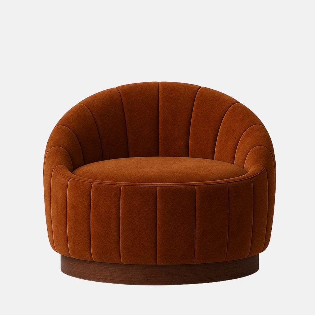 Rust velvet swivel lounge chair with curved barrel back, vertical channel tufting, and dark wood base modern upholstered armchair for living room or hotel lounge.
