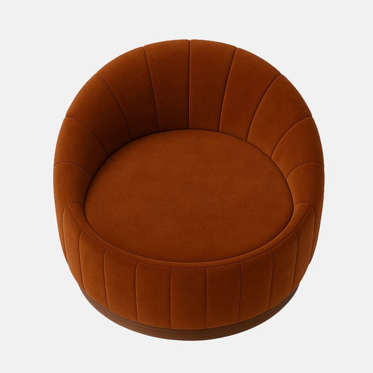 Rust velvet swivel lounge chair with curved barrel back, vertical channel tufting, and dark wood base modern upholstered armchair for living room or hotel lounge.