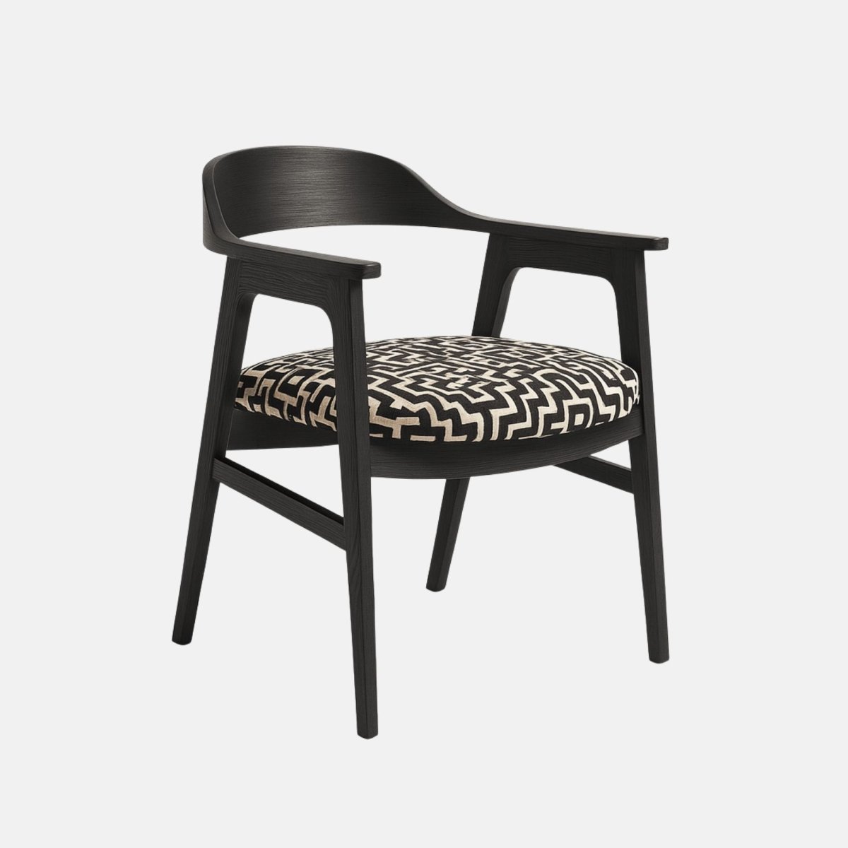 Contemporary dining chair with black wooden frame, curved backrest and armrests, and cushioned seat upholstered in bold black and white geometric fabric