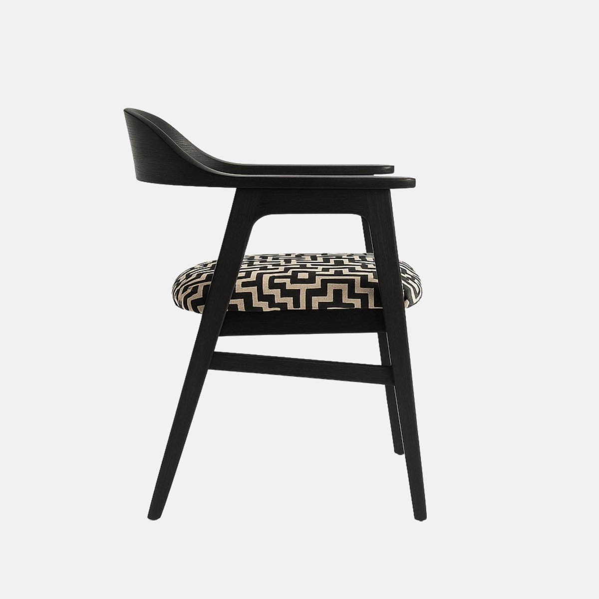 Contemporary dining chair with black wooden frame, curved backrest and armrests, and cushioned seat upholstered in bold black and white geometric fabric