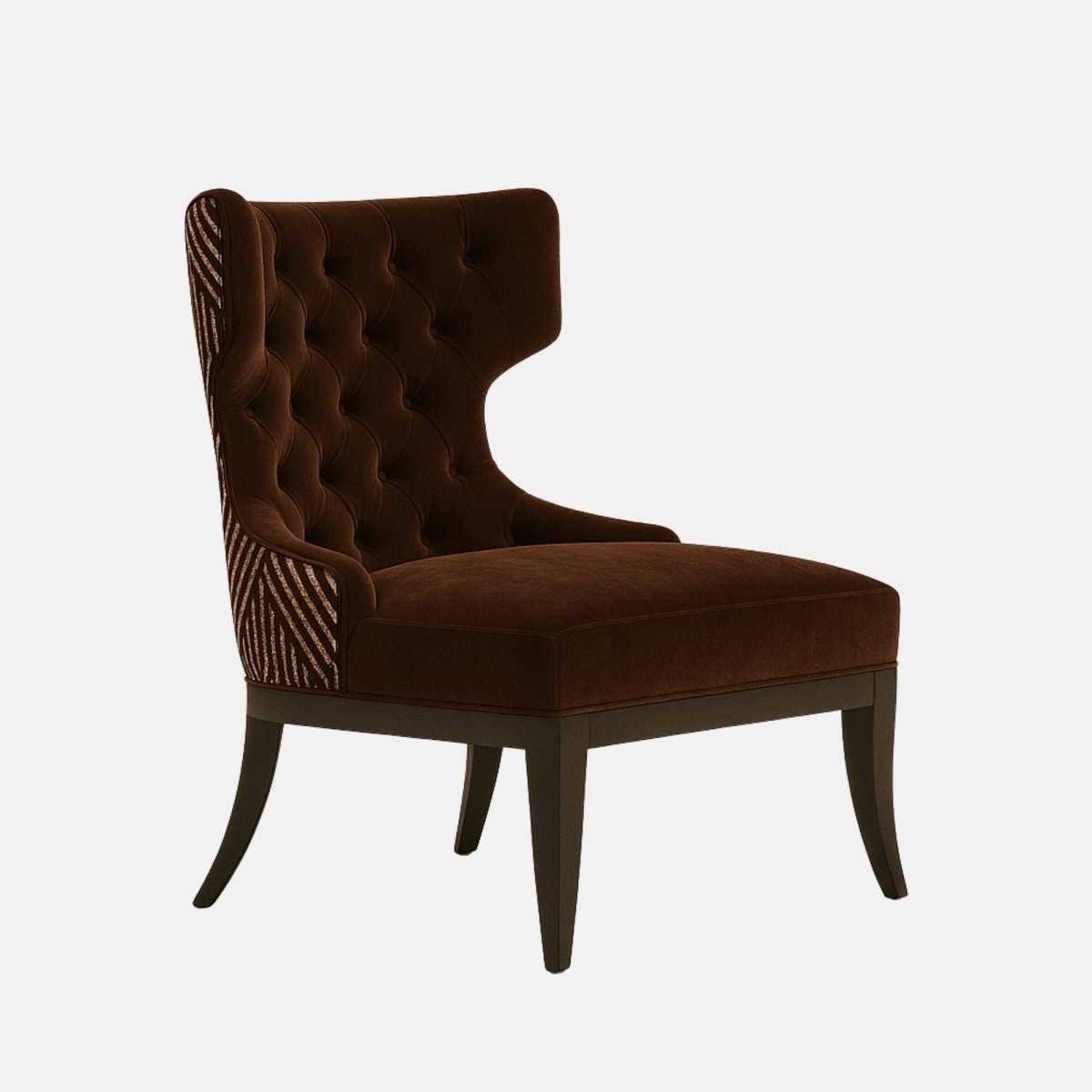 Elegant high-back accent chair with dark brown tufted upholstery, patterned fabric on the outer sides, and dark wooden legs.