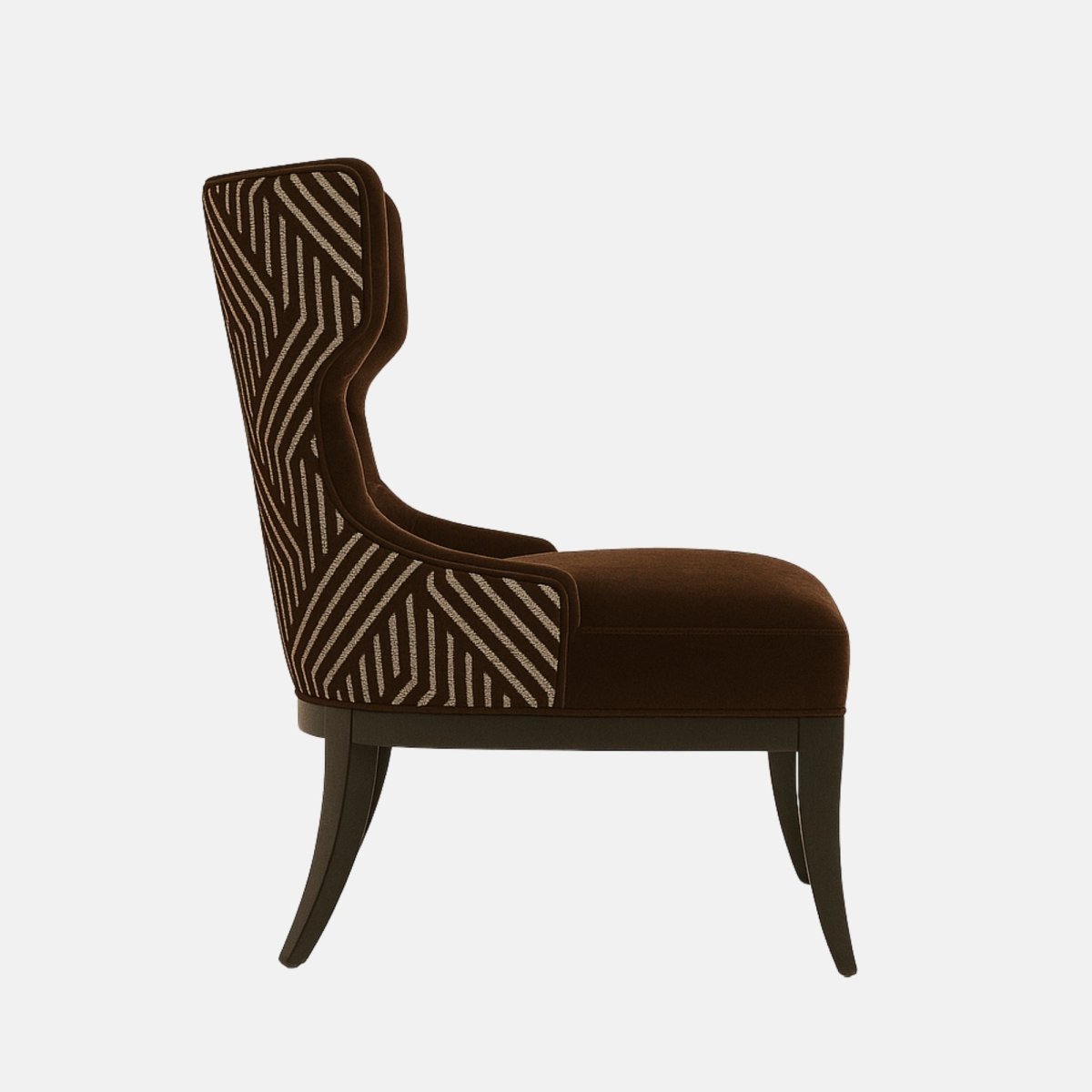 Elegant high-back accent chair with dark brown tufted upholstery, patterned fabric on the outer sides, and dark wooden legs.
