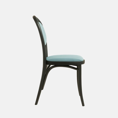 A modern chair with a black bentwood frame, rounded backrest, and upholstered seat and back cushion in light blue fabric with vertical stitching.
