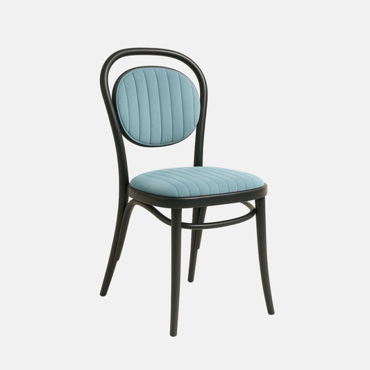 A modern chair with a black bentwood frame, rounded backrest, and upholstered seat and back cushion in light blue fabric with vertical stitching.
