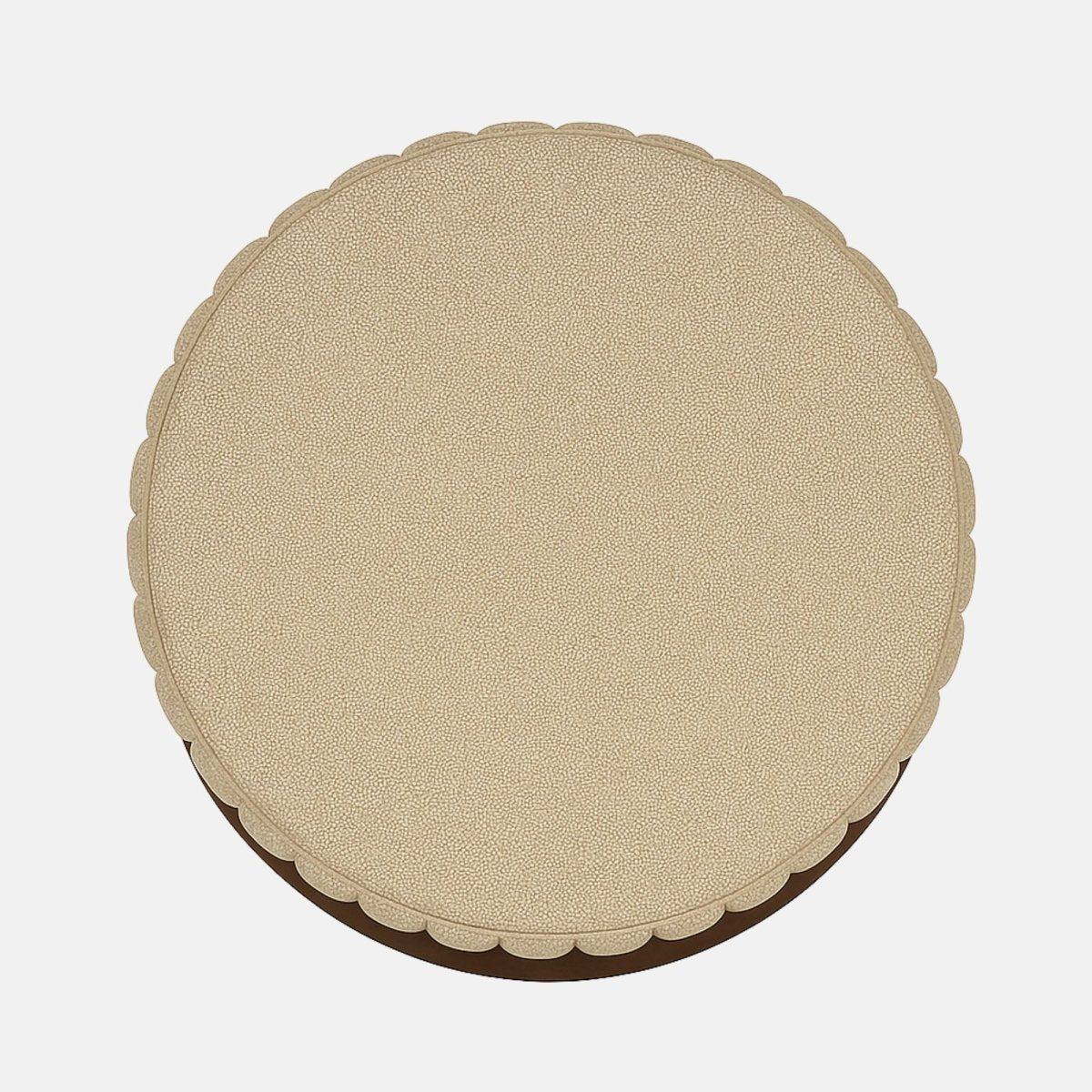 Beige upholstered round ottoman with ribbed detailing and dark wood band modern fabric footstool or accent stool for living room, bedroom, or hotel lounge.