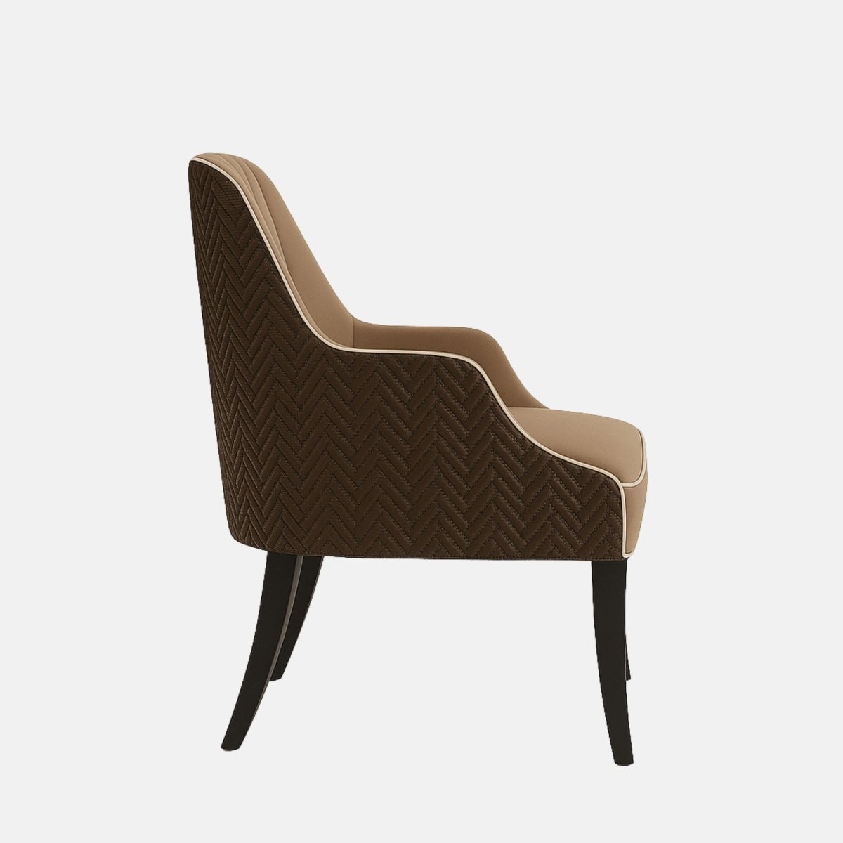 Modern armchair with brown upholstered seat and backrest featuring vertical stitched panels, chevron-patterned fabric on the outer sides, and dark wooden legs.
