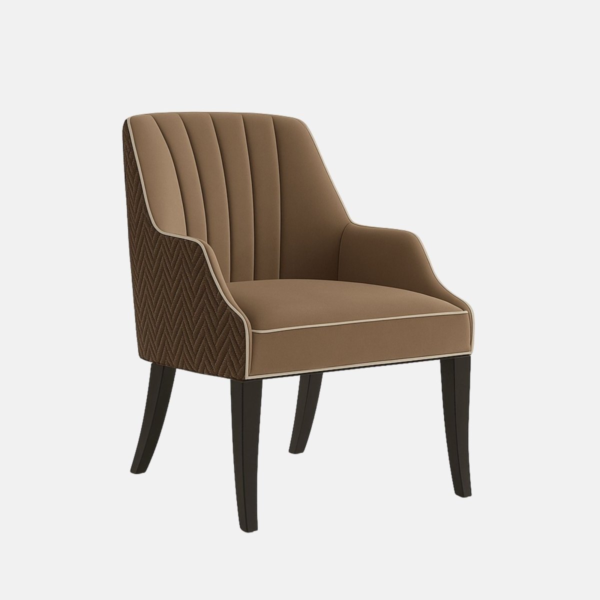 Modern armchair with brown upholstered seat and backrest featuring vertical stitched panels, chevron-patterned fabric on the outer sides, and dark wooden legs.
