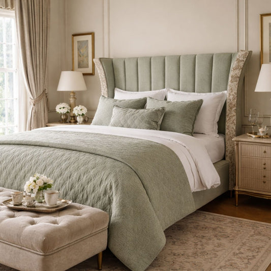 Elegant bedroom with a green fluted upholstered headboard featuring winged sides, styled with layered bedding, neutral decor, and classic bedside tables.
