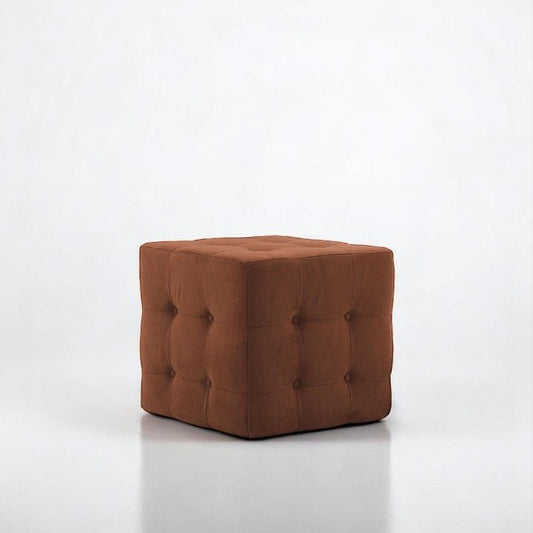 alt="Contemporary orange pouffe with square shape and soft cushioning, perfect for modern spaces"