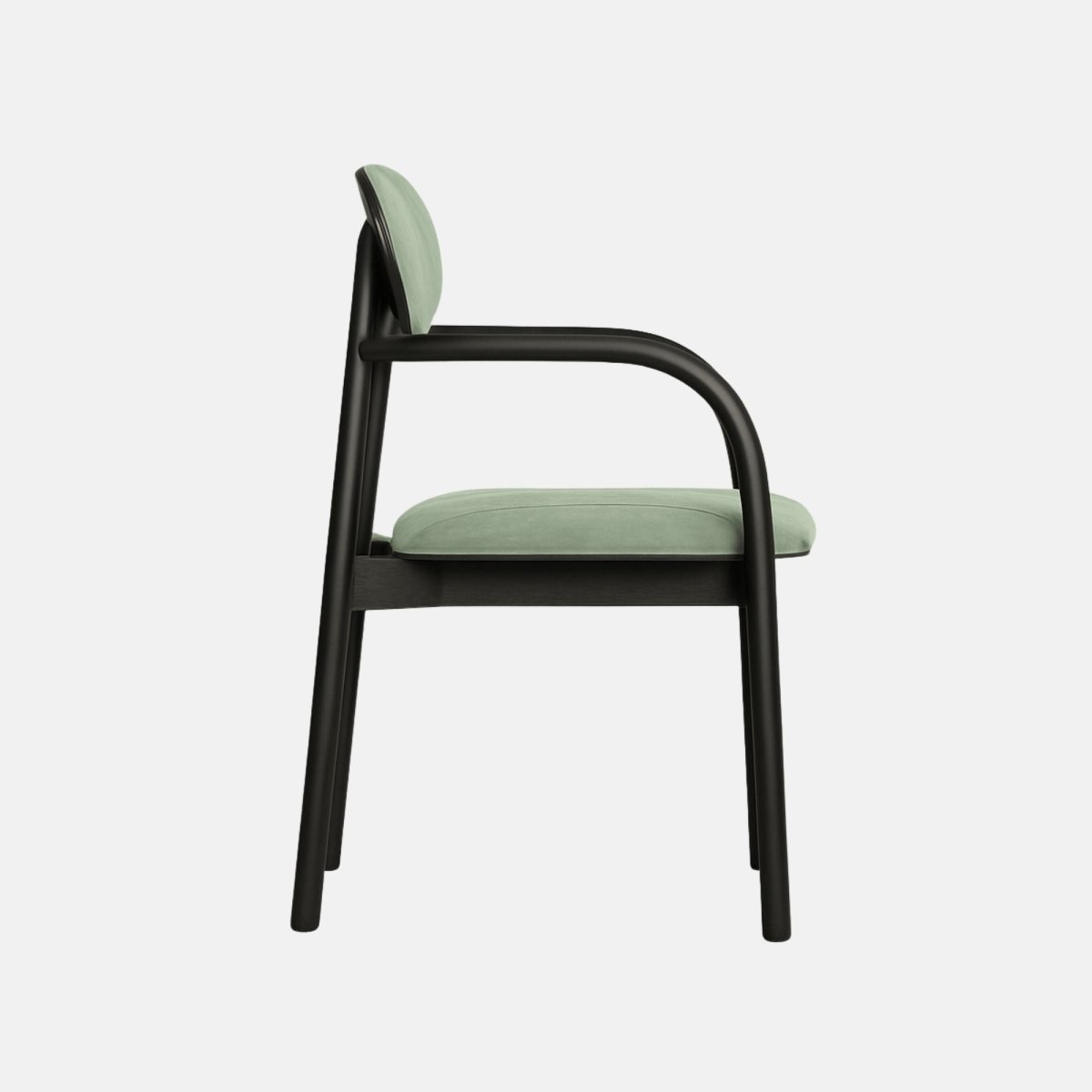 Modern dining chair with oval green upholstered backrest, matching cushioned seat with vertical stitching, and sleek black wooden frame with curved armrests.
