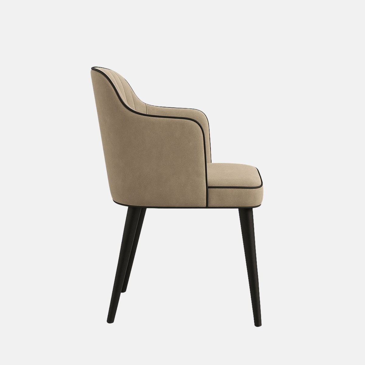 Modern upholstered accent chair with a fluted backrest design, beige velvet fabric, black piping trim, and tapered matte black wooden legs