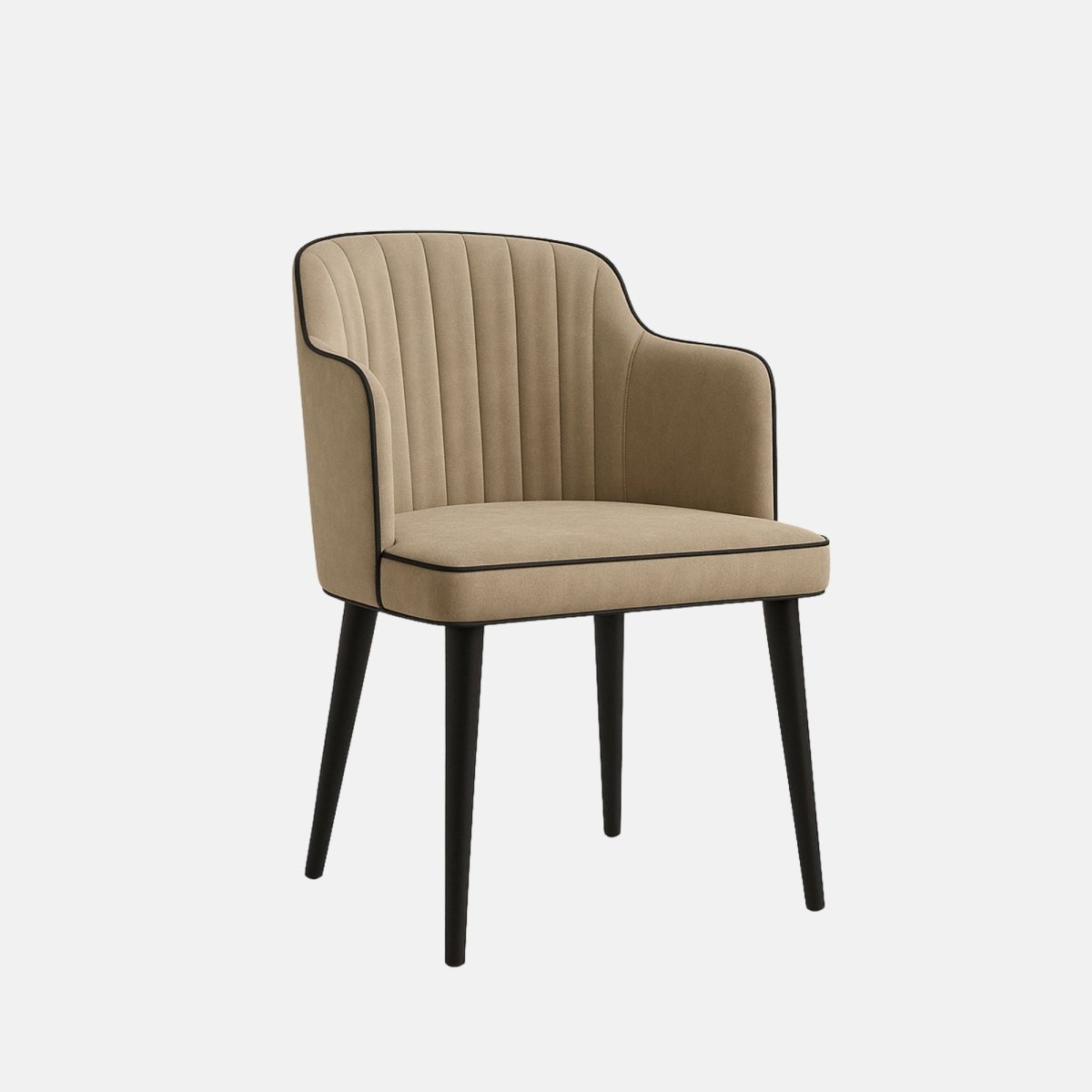 Modern upholstered accent chair with a fluted backrest design, beige velvet fabric, black piping trim, and tapered matte black wooden legs