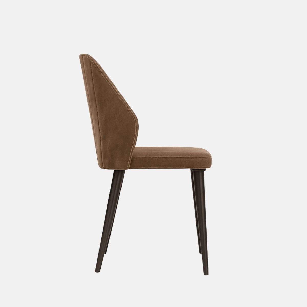 Modern dining chair with brown upholstered seat and backrest featuring vertical stitched detailing, supported by slim black tapered legs.