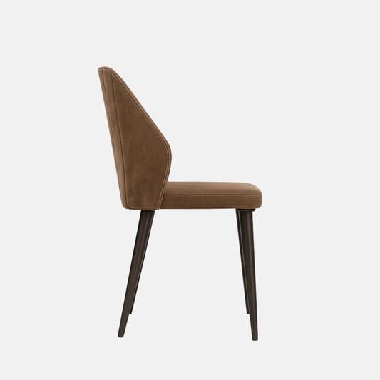 Modern dining chair with brown upholstered seat and backrest featuring vertical stitched detailing, supported by slim black tapered legs.