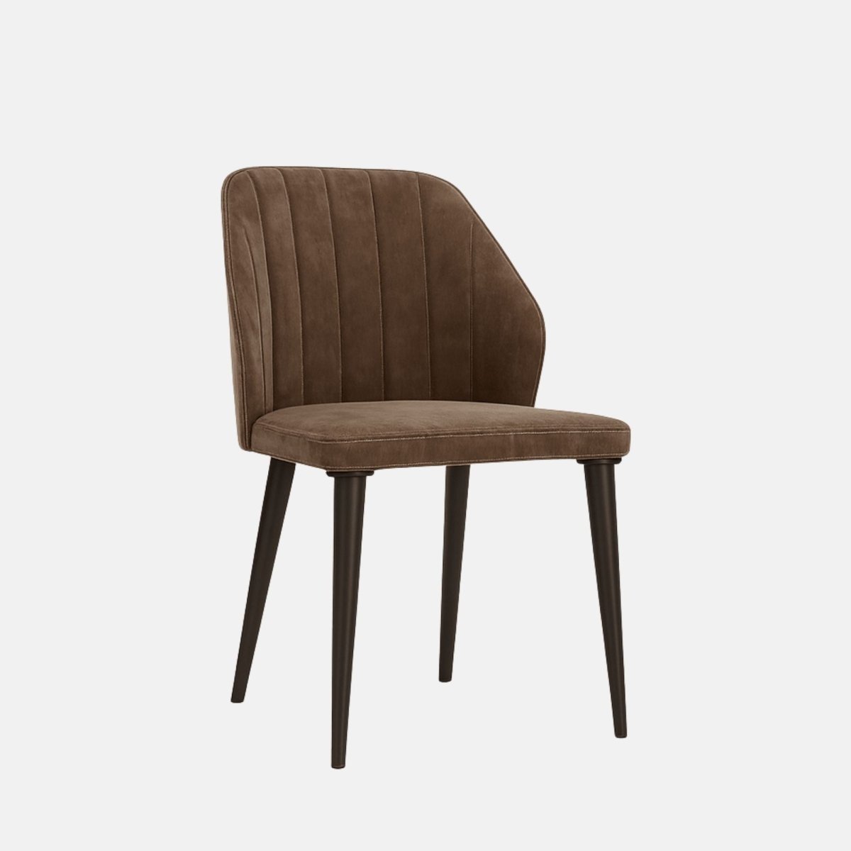 Modern dining chair with brown upholstered seat and backrest featuring vertical stitched detailing, supported by slim black tapered legs.