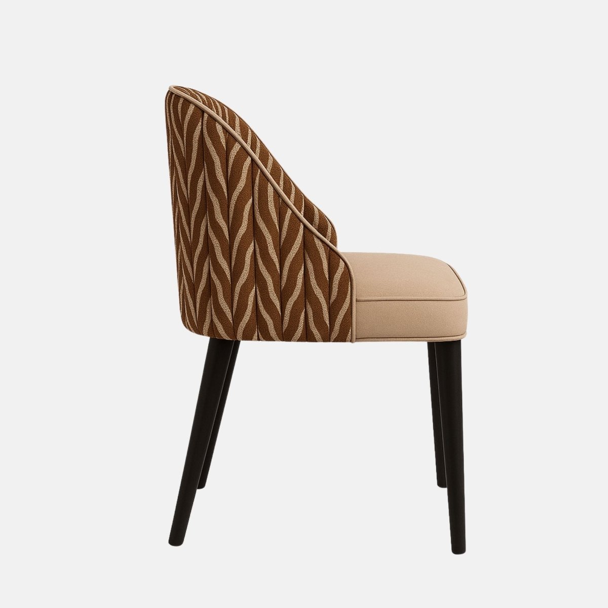 Modern upholstered dining chair with beige seat, brown patterned fabric backrest, and black wooden legs on a white background.