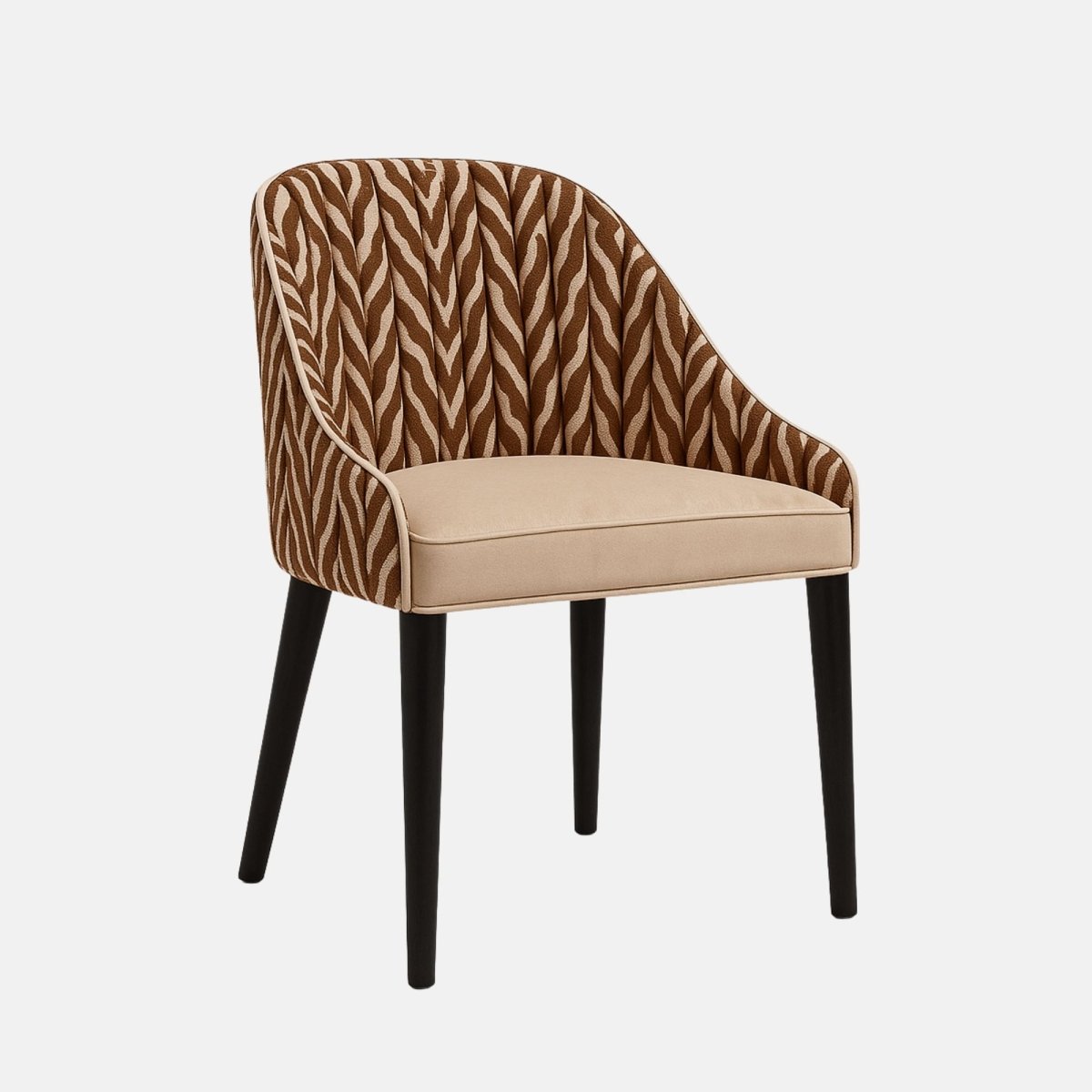 Modern upholstered dining chair with beige seat, brown patterned fabric backrest, and black wooden legs on a white background.