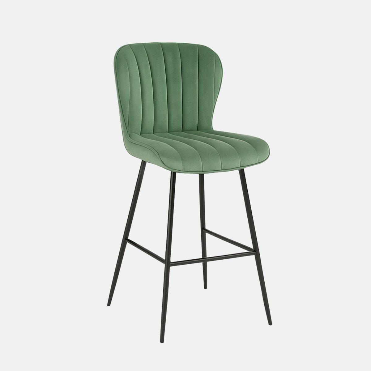 Modern green velvet bar stool with high curved backrest, vertical channel tufting, and slim black metal legs with footrest.