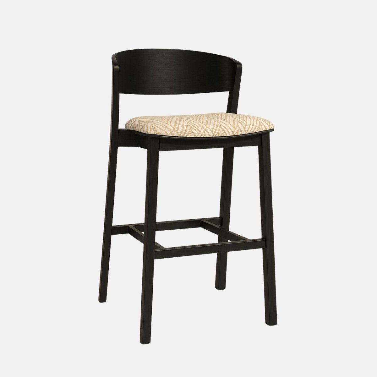 Modern bar stool with a curved black wooden backrest, beige patterned cushioned seat, and straight black legs with footrests.