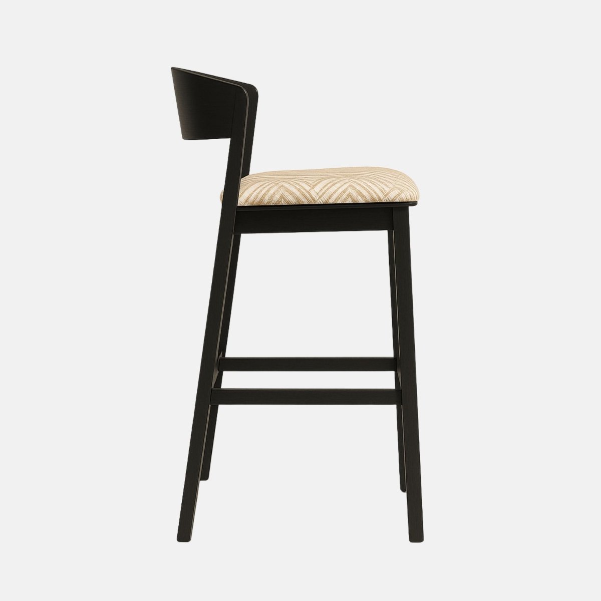 Modern bar stool with a curved black wooden backrest, beige patterned cushioned seat, and straight black legs with footrests.