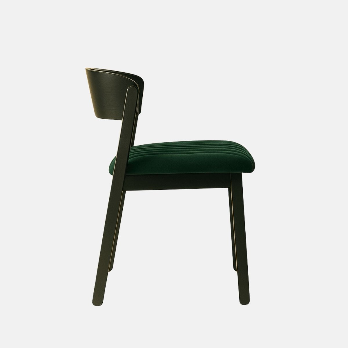Black wood dining chair with a deep green upholstered seat and curved backrest, modern minimalist design