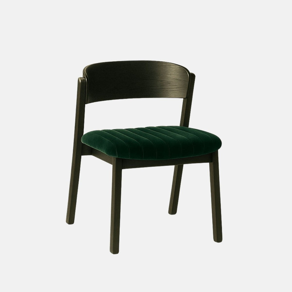Black wood dining chair with a deep green upholstered seat and curved backrest, modern minimalist design
