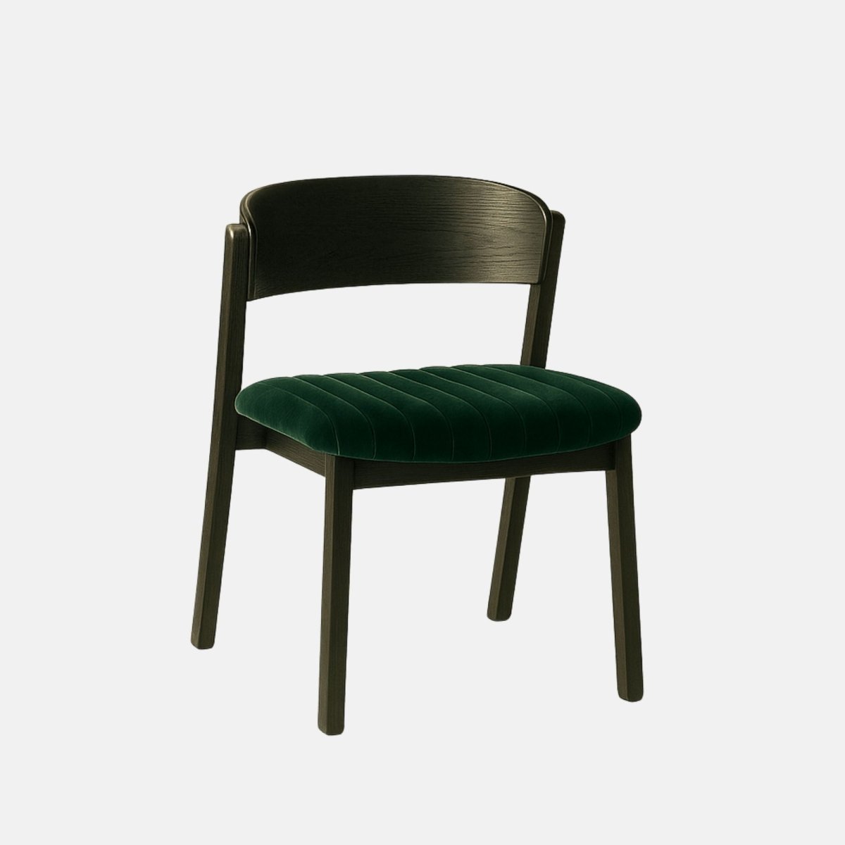 Black wood dining chair with a deep green upholstered seat and curved backrest, modern minimalist design
