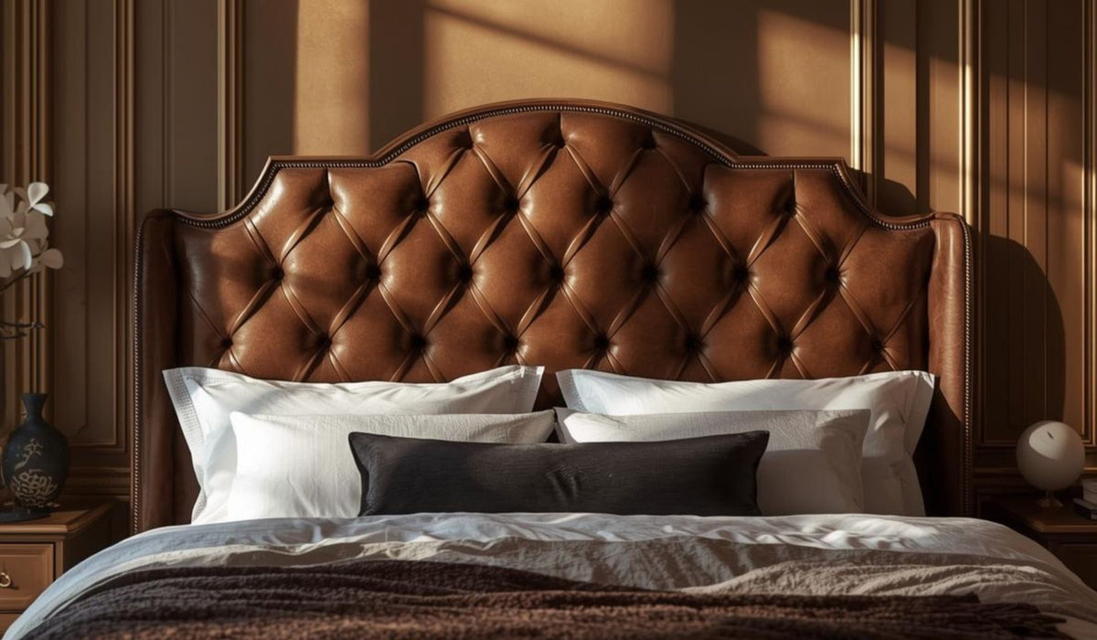 Luxury bed with brown leather tufted headboard and elegant bedroom decor