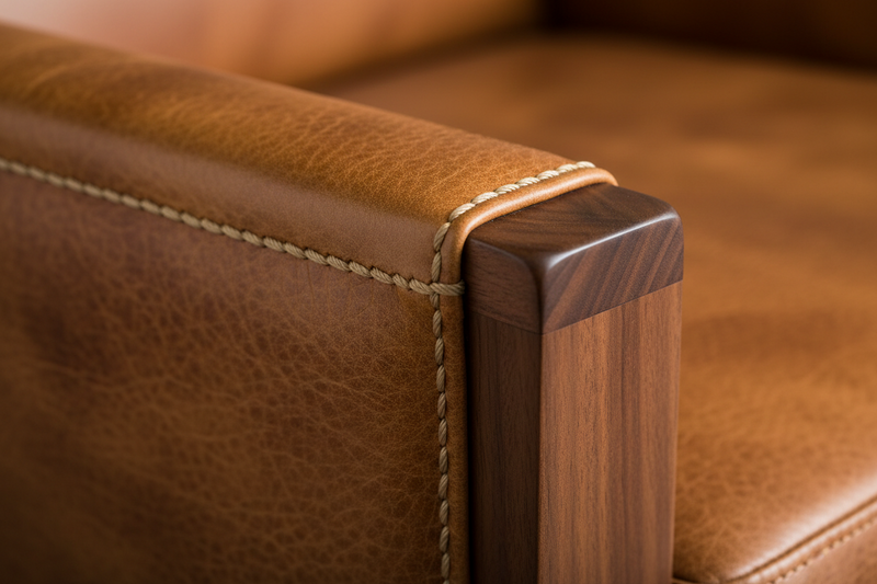 Close-up of brown leather upholstery with decorative stitching on wooden furniture