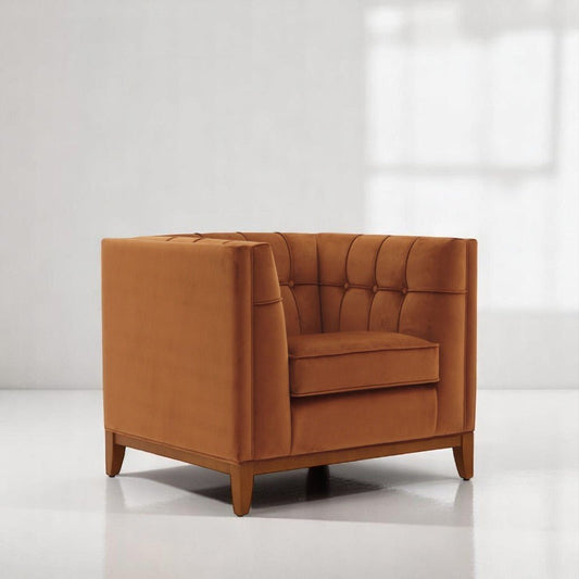 alt="Orange square cushioned velvet lounge chair with luxurious medium oak legs for a vibrant, elegant look"