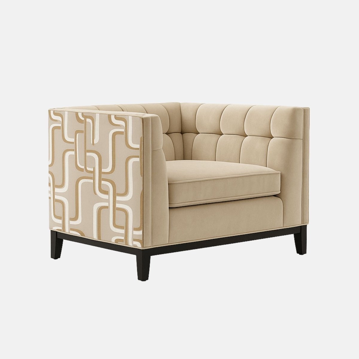 A contemporary beige armchair with tufted upholstery, geometric patterned side panels in cream and tan, and black wooden legs.