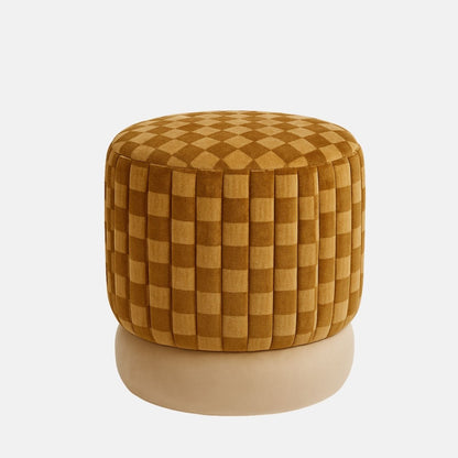 Lumière Pouffe in velvet with geometric checkered pattern – handcrafted cylindrical pouffe with solid base, versatile as seat, footrest or accent piece