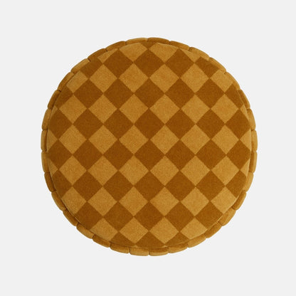 Lumière Pouffe in velvet with geometric checkered pattern – handcrafted cylindrical pouffe with solid base, versatile as seat, footrest or accent piece